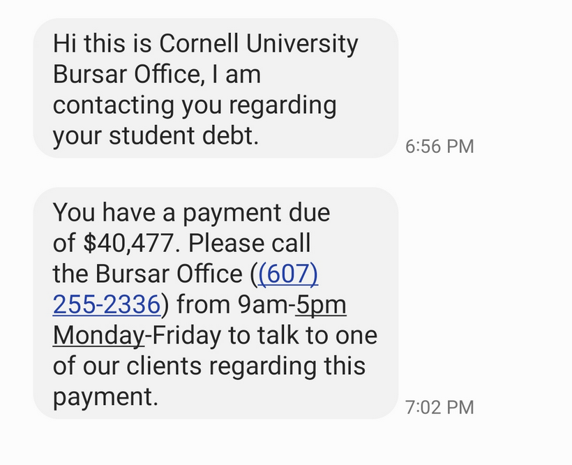 SMS messages impersonating the Cornell University Office of the Bursar