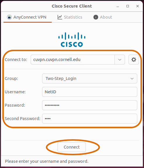 Cisco Secure Client login window with appropriately filled in fields.