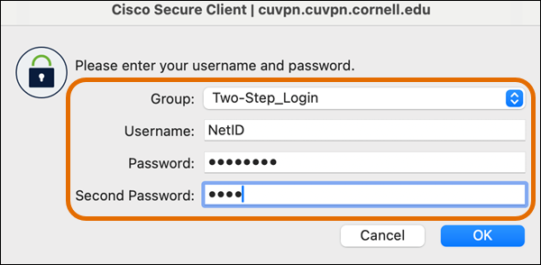 Cisco Secure Client login pane prompting for group, username, password, and duo selection.