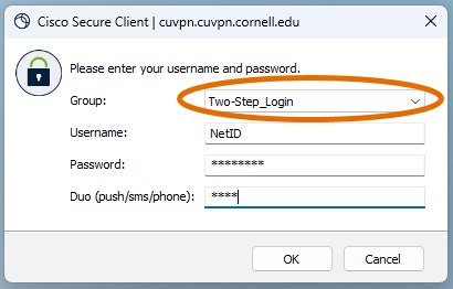 Cisco Secure Client login window.