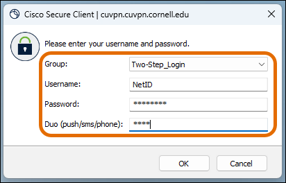 Cisco Secure Client login window.