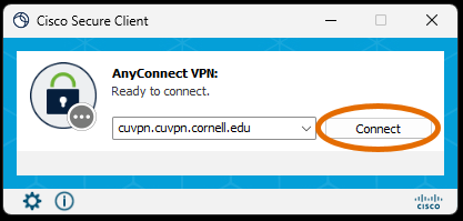 Cisco Secure Client "ready to connect" window with "connect" button highlighted by orange circle.