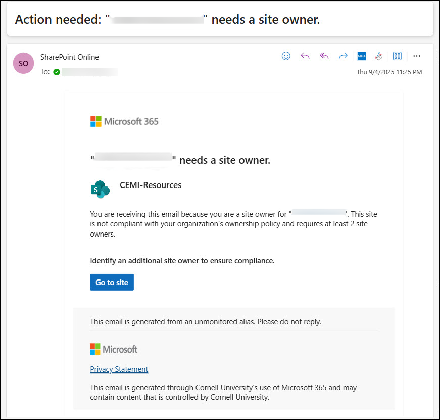 Email reminder that Sharepoint sites require two owners.
