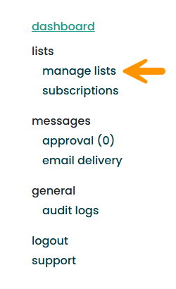 Simplelists menu with arrow pointing at "manage lists"