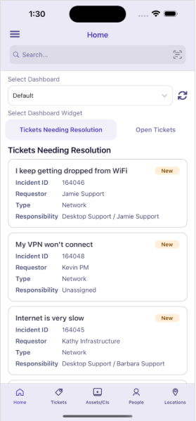TeamDynamix mobile app screen showing IT tickets view