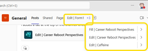 Screenshot of multiple tabs in a Teams channel