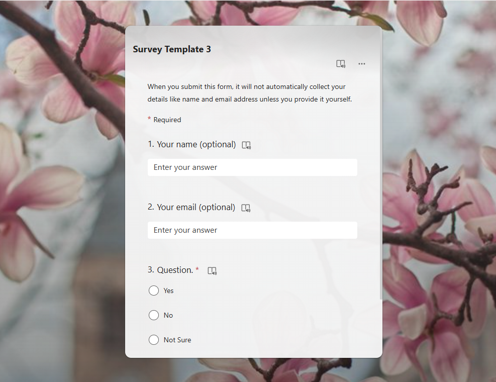Microsoft Forms Template, clocktower and flowering tree.