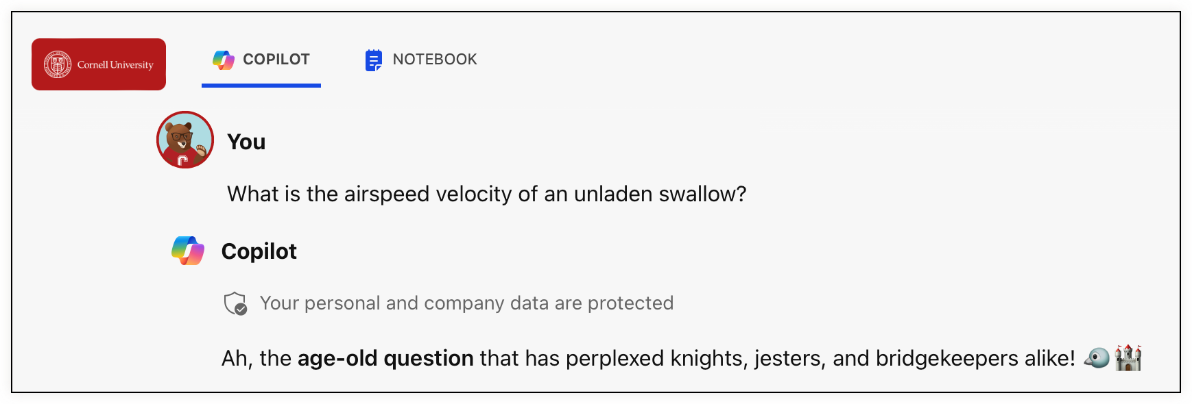 copilot answers: Ah, the age-old question that has perplexed knights, jesters, and bridgekeepers alike!  to the prompt What is the airspeed velocity of an unladen swallow?