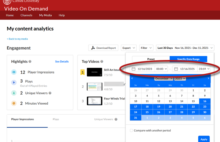 Video on Demand My Content analytics page showing calendar and selection of date ranges highlighted.