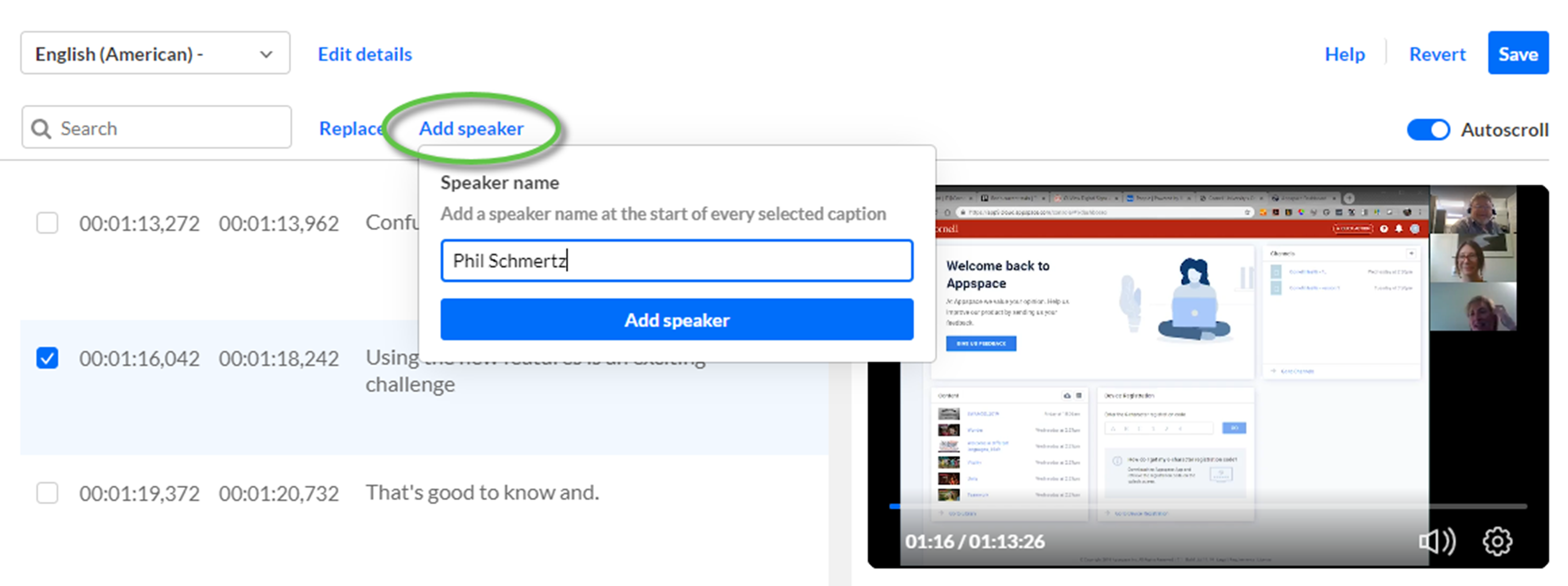 Caption editor highlighting the Add Speaker button and the popup interface to specify the name of the speaker of the selected caption