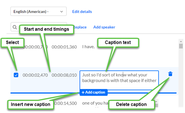 Caption editing interface showing select checkbox at left, caption start and end timings to the right of the Select box, then text field for editing the caption text, and the Delete caption (trash can) button at far right. Below the caption details appears the Add caption button for inserting an additional caption below the current one