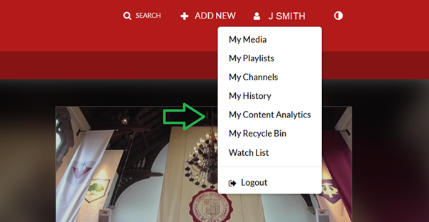 Video on Demand service login screen showing options Search, + Add New, and Account owner name fields across the top, as well as a dropdown menu highlighting the choice My Content Analytics.