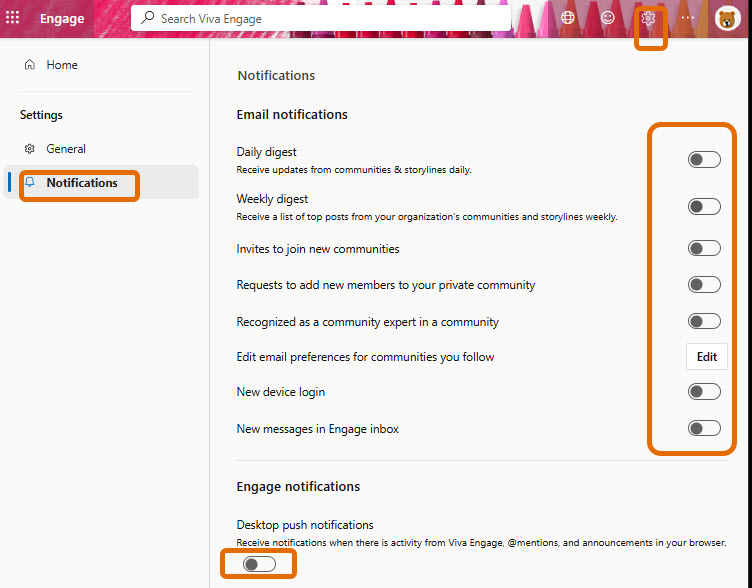 Opt out of all email notifications by changing settings in Viva Engage