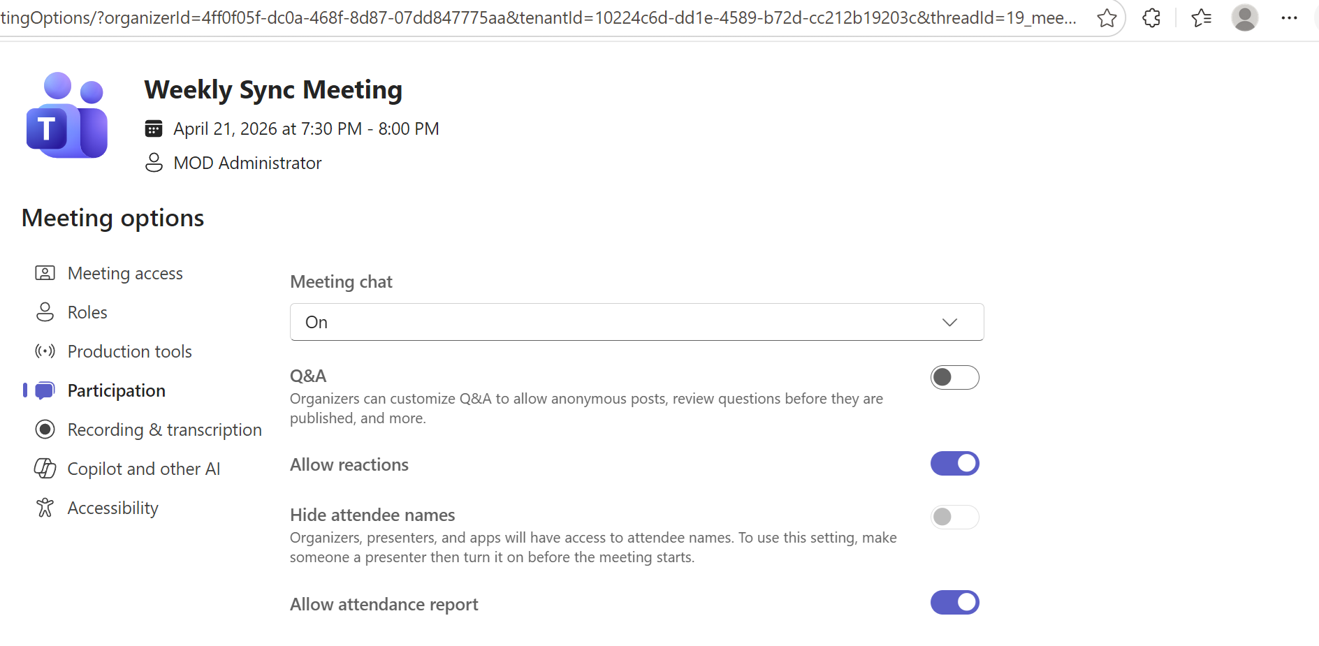 Screenshot of a Microsoft Teams weekly Sync setting