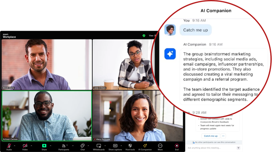 Zoom meeting with four attendees showing AI Companion panel and in-meeting "catch up" questions asked by an attendee