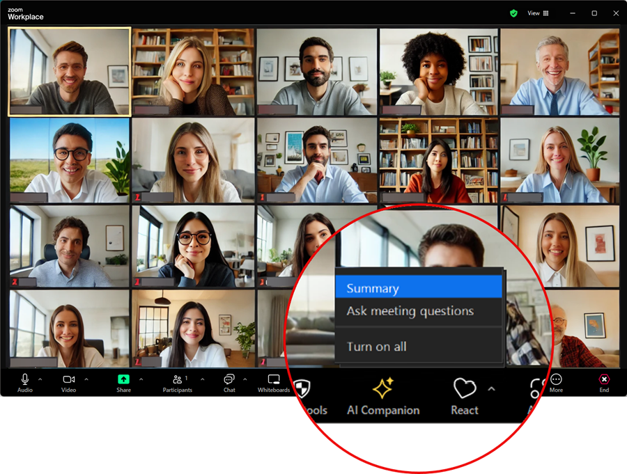 Zoom meeting showing AI Companion menu open with Summary item highlighted