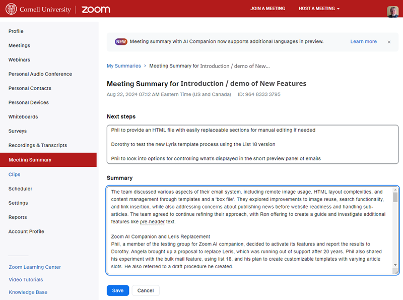 Screen capture of Zoom website Meeting Summary edit screen showing Summary window highlighted and Save and Cancel buttons