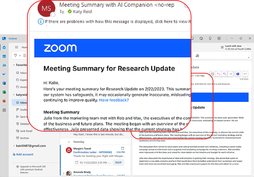 Microsoft Outlook showing a Meeting Summary email with content detail magnified