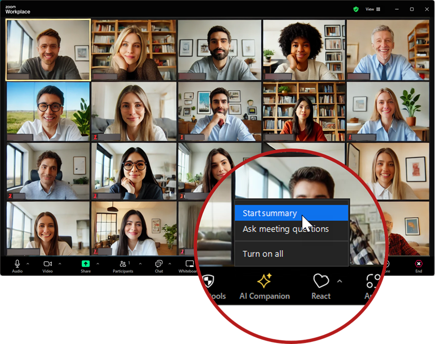 Zoom meeting showing many attendees and a magnified view of the AI Companion menu with Start Summary option highlighted