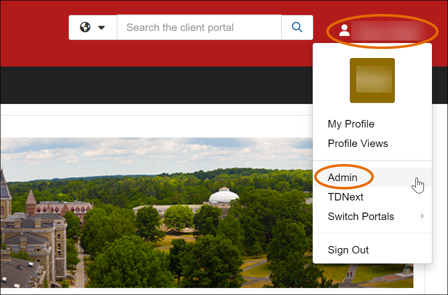 Person icon menu in TDX with "Admin" circled in the drop-down menu.
