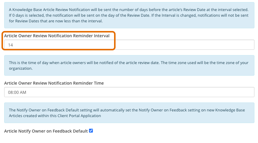 "Article Owner Review Notification Reminder Interval" field circled.