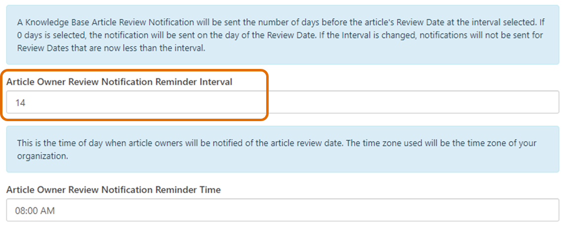 Section of the settings where "Article Owner Review Notification Reminder Interval" can be changed.