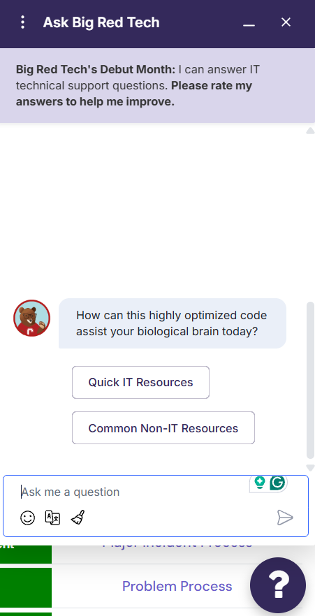 Ask Big Red Tech support chatbot widget screenshot