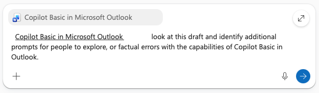A sample chat referencing a copilot basic in Microsoft Outlook document.