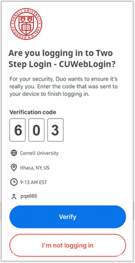 Duo Mobile Push screen showing Verification code field to enter three-digit number and blue Verify button.