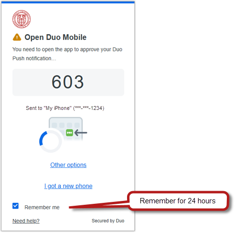 Duo push browser prompt annotating Remember Me checkbox