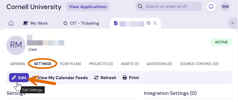 "Settings" tab circled with an arrow pointing at "Edit" button.