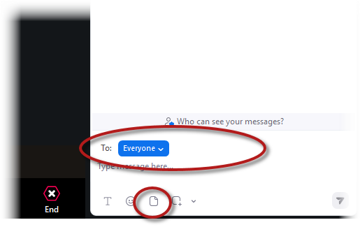Zoom Chat window with File icon and To dropdown indicated.