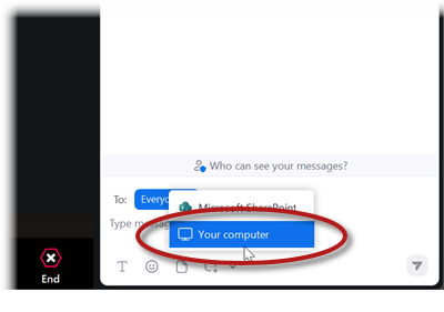 Zoom chat window with Your computer selected from the To dropdown list.