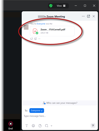Zoom Chat panel indicating a file uploaded and shown in the Chat feed, available for other participants to download and view.