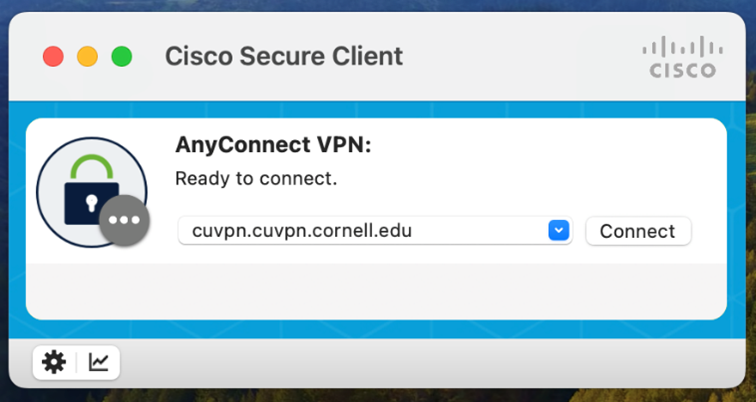 The Cisco Secure Client window before connection.