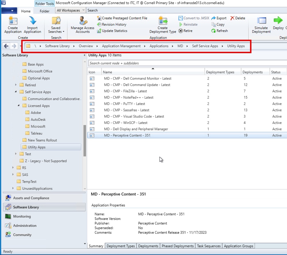 shows location in SCCM of the application in the following folder: \Software Library\Overview\Application Management\Applications\MD\Self Service Apps\Utility Apps