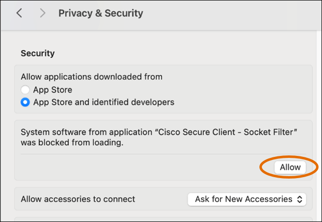 Privacy and Security window in Mac with "Allow" button circled.
