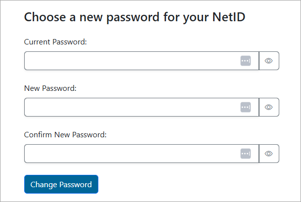 Image of Manage My NetID webpage with heading "Choose a new password for your NetID" and fields for Current, New Password, and Confirm New Password, with Change Password button below.