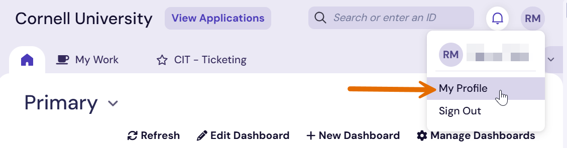 TDX user dropdown with an arrow pointing at "my profile" menu option.