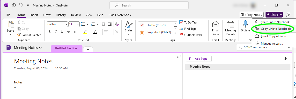 Select share then copy link to notebook to open the notebook in OneNote Online