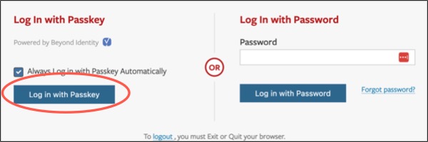 Login box with a passkey option on the left and password option on the right