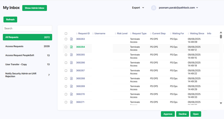 Screen capture of typical Pathlock Cloud Inbox showing request listings.