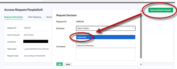 Pathlock Cloud's Access Request screen, highlighting the Approve/Decline Request button and the Decision dropdown showing Approved value being selected