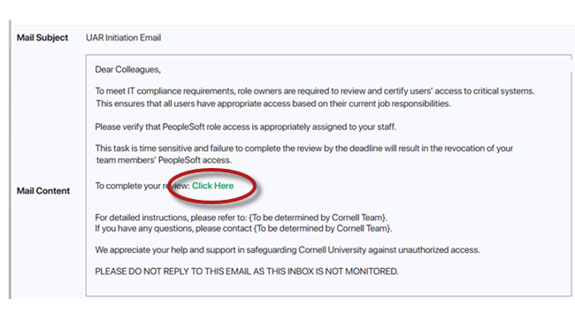 Screen capture of notification email with Click Here link highlighted.