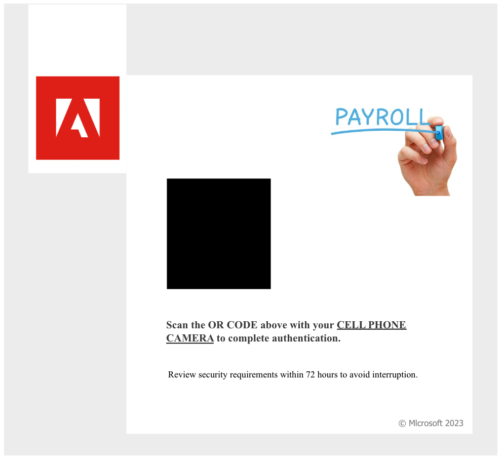 A fake Adobe-branded notification with the heading "Payroll" prompting the recipient to scan a QR code.
