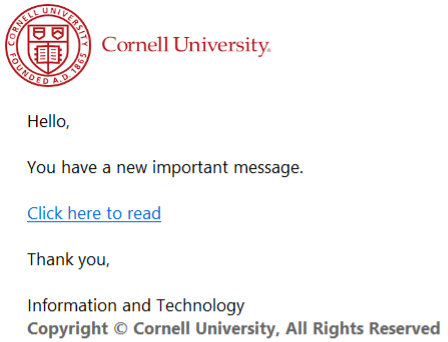 A fake Cornell-branded notification saying "You have an important message. Click here to read."