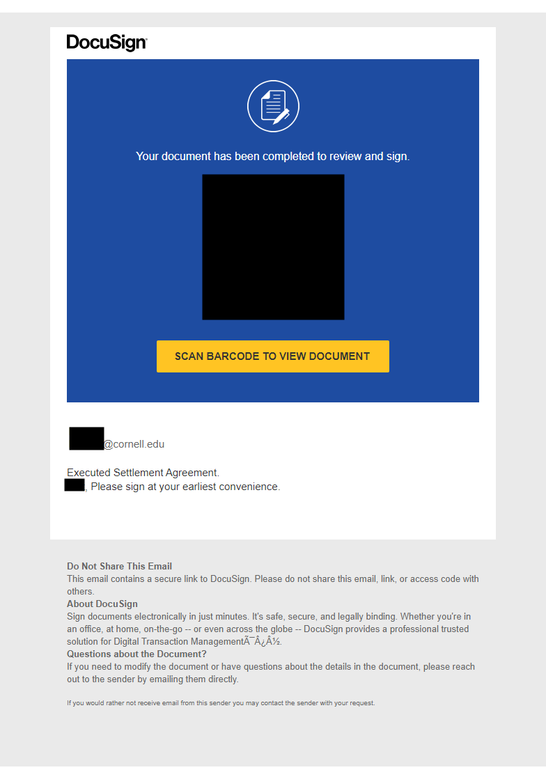 A fake DocuSign notification with the heading "Your document has been completed to review and sign" with a QR code.