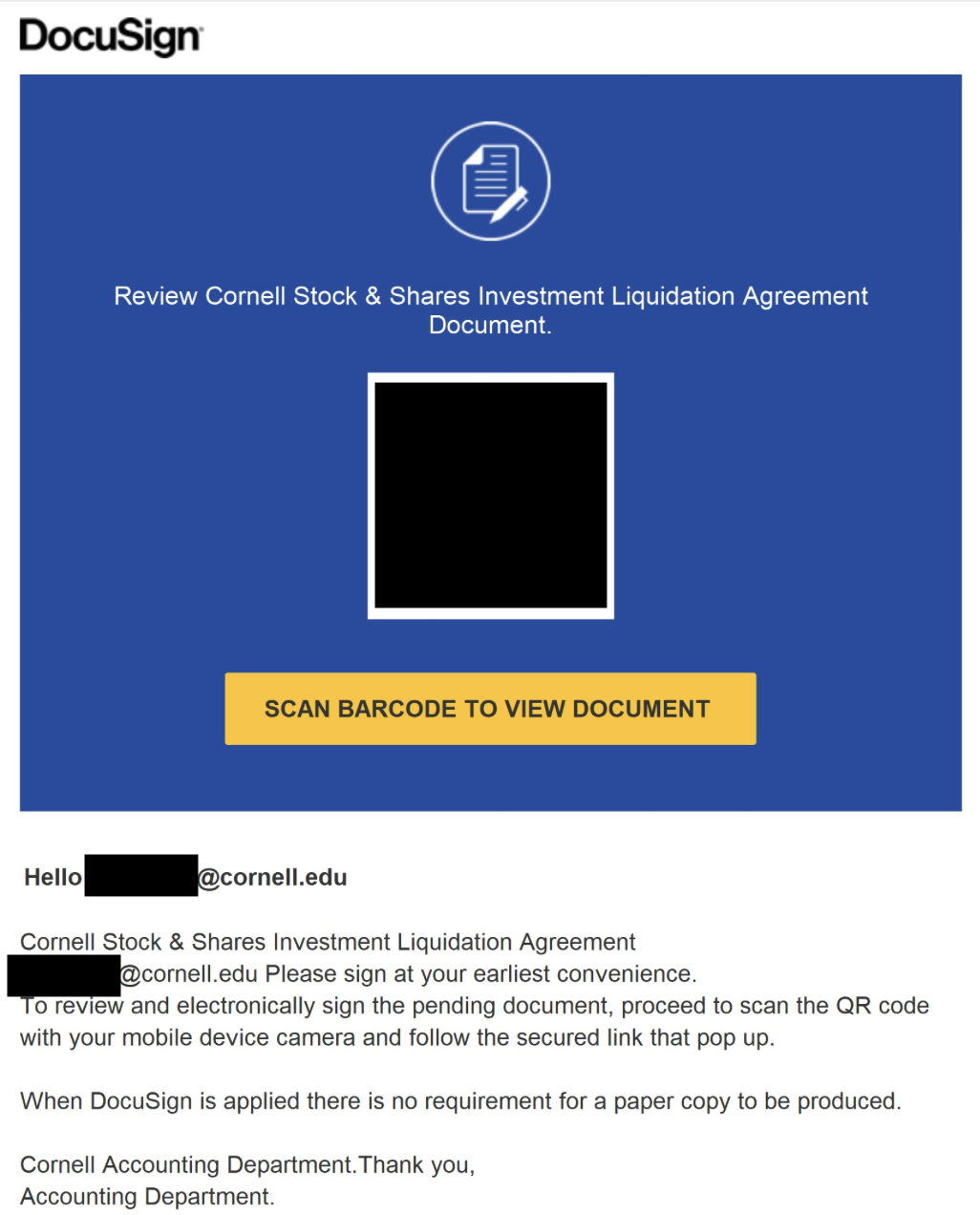 A fake DocuSign-branded notification with the heading "Review Cornell Stock & Shares Investment Liquidation Agreement Document".