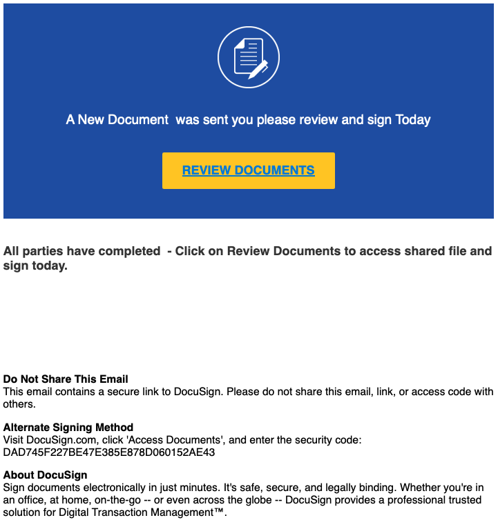 A fake DocuSign notification with the heading "A New Document was sent you please review and sign Today".