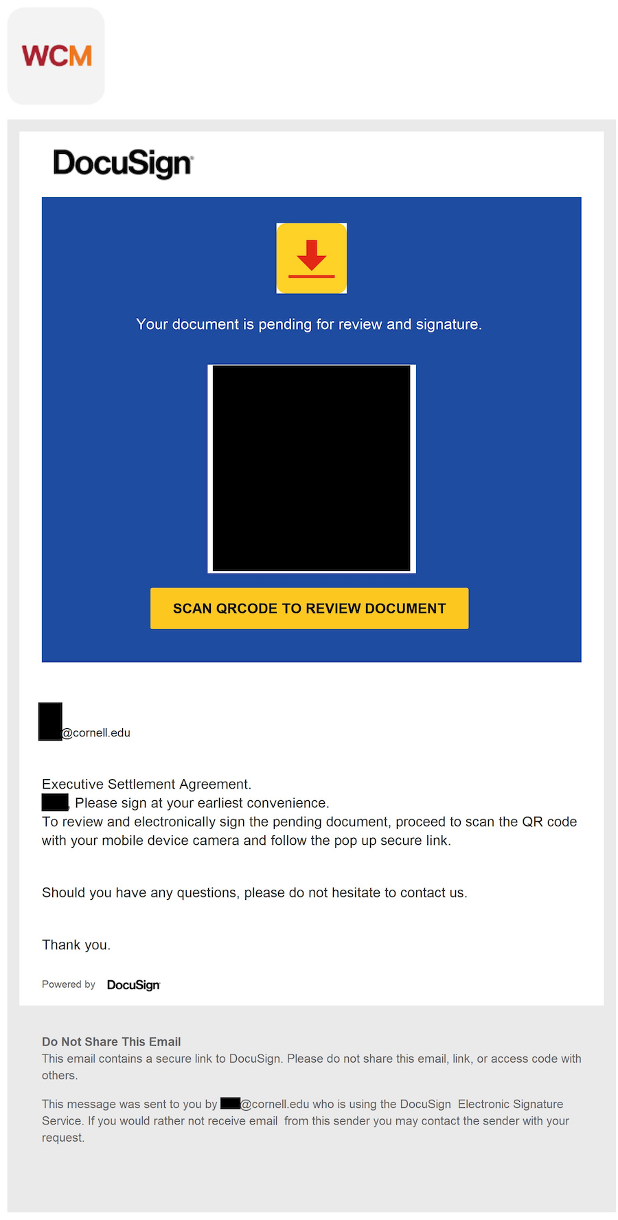 A DocuSign-branded notification with the heading "Your document is pending for review and signature."